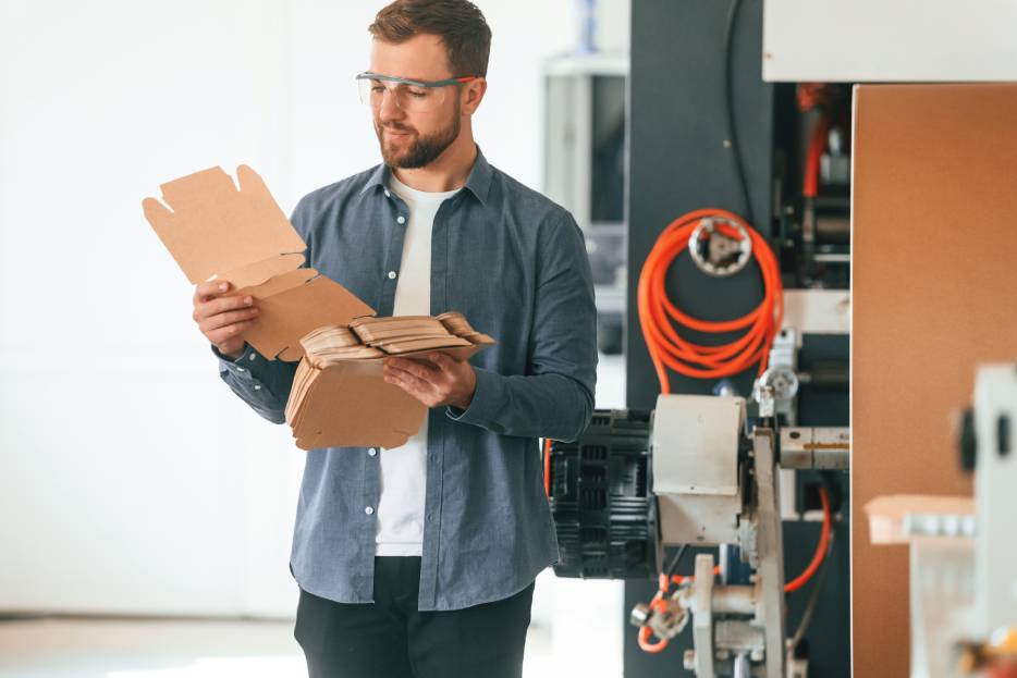 Experto en maquinaria de cajas de cartón revisa el producto